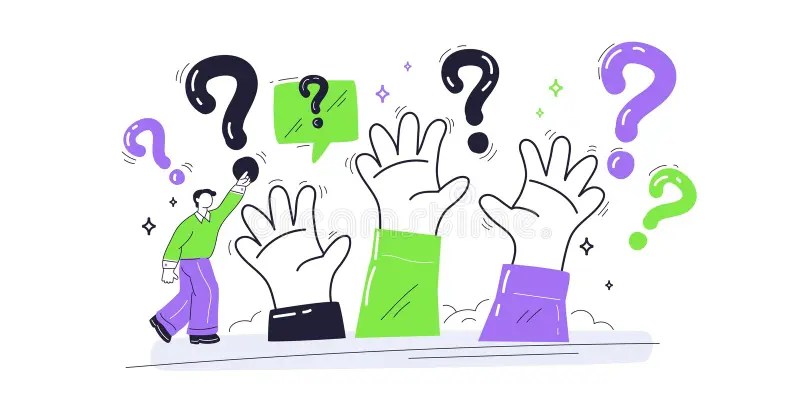 Illustrazione di una persona che si avvicina a mani alzate con punti interrogativi sopra, simboleggiando domande e ricerca di risposte.